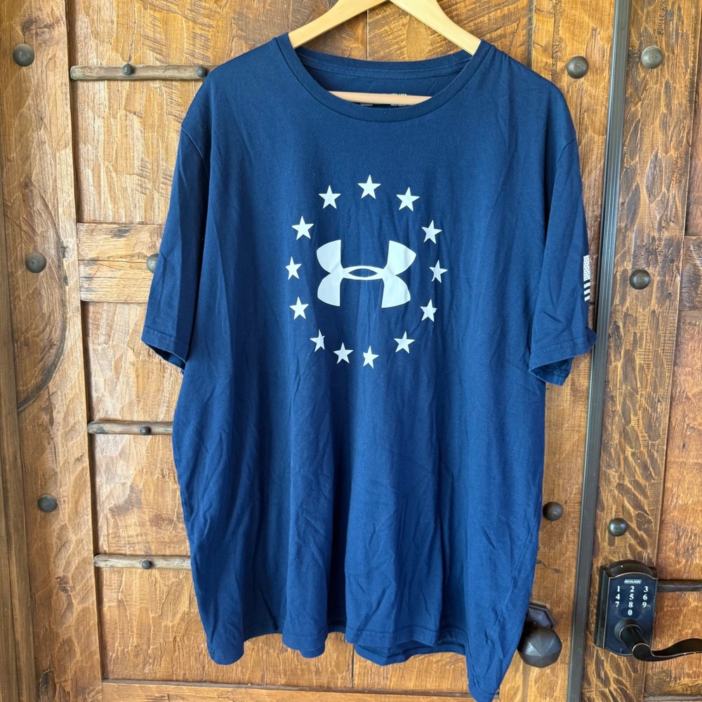 Under Armour T-Shirt Mens 3XL Blue Freedom Patriotic Stars Flag HeatGear Loose